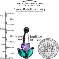 Purple Green CZ Gem Black Love Flower Belly Ring