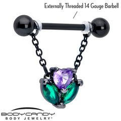 14G 9/16 Purple CZ Gem Black Love Flower Dangle Nipple Ring Set