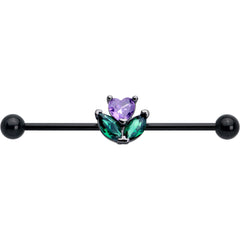 14G Purple Green CZ Gem Black Love Flower Industrial Barbell 38mm