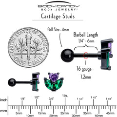 16G 1/4 Purple Green CZ Gem Black Love Flower Cartilage Earring