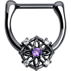 16G 5/16 Purple Clear CZ Gem Black Flower Ring Cartilage Clicker