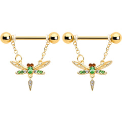 14G 9/16 Green Gem Gold Tone Swank Dragonfly Dangle Nipple Ring Set