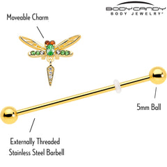 14G Green Gem Gold Tone Swank Dragonfly Dangle Industrial Barbell 38mm