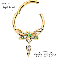 16G 3/8 Green Gem Gold Tone Swank Dragonfly Dangle Hinged Segment Ring