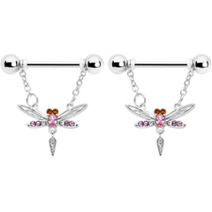 14G 9/16 Pink Gem Swank Dragonfly Dangle Nipple Ring Set