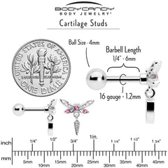 16G 1/4 Pink Gem Swank Dragonfly Dangle Cartilage Earring