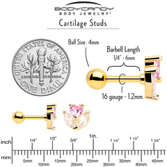 16G 1/4 Pink CZ Gem Gold Tone Love Flower Cartilage Tragus Earring