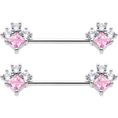 14G 9/16 Pink Clear CZ Gem Rhombus Riot Barbell Nipple Ring Set