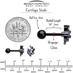 16G 1/4 Purple CZ Gem Black Twining Vine Cartilage Tragus Earring