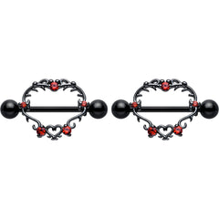 14G 9/16 Red CZ Gem Black Leafy Heart Nipple Shield Set