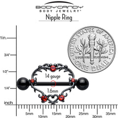 14G 9/16 Red CZ Gem Black Leafy Heart Nipple Shield Set