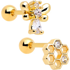 16G 1/4 Clear CZ Gem Gold Tone Bee Hive Luv Cartilage Earring Set of 2