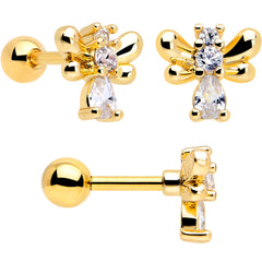 16G 1/4 Clear CZ Gem Gold Tone Bee Hive Luv Cartilage Earring Set of 2