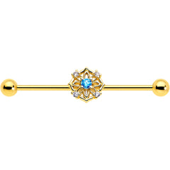 14G Blue CZ Gem Gold Tone Flower Ring Industrial Barbell 38mm