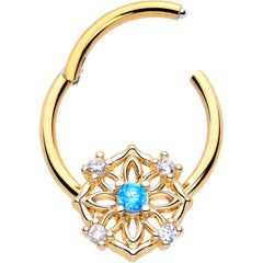 16G 3/8 Blue CZ Gem Gold Tone Flower Ring Hinged Segment Ring