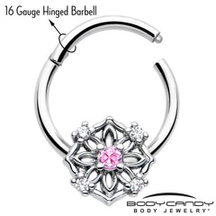 16G 3/8 Pink CZ Gem Flower Circle Hinged Segment Ring