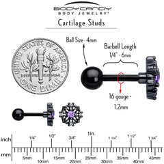 16G 1/4 Purple CZ Gem Black Flower Ring Cartilage Tragus Earring