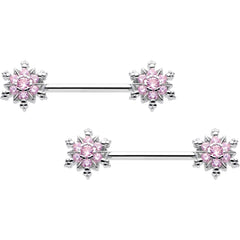 14G 9/16 Pink CZ Gem Snowflake Glam Barbell Nipple Ring Set