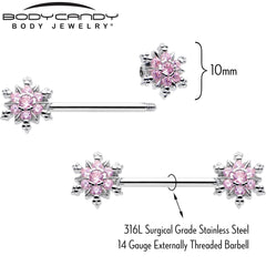 14G 9/16 Pink CZ Gem Snowflake Glam Barbell Nipple Ring Set