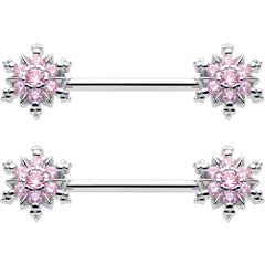 14G 9/16 Pink CZ Gem Snowflake Glam Barbell Nipple Ring Set
