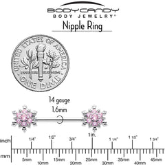 14G 9/16 Pink CZ Gem Snowflake Glam Barbell Nipple Ring Set