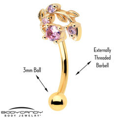 16G 5/16 Pink Gem Gold Tone Twining Vine Curved Eyebrow Ring