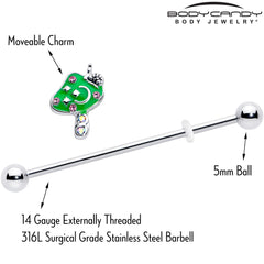 14G Pink Gem Fanciful Green Mushroom Industrial Barbell 38mm