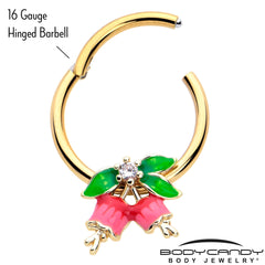 16G 3/8 Clear CZ Gem Gold Tone Bell Flowers Hinged Segment Ring