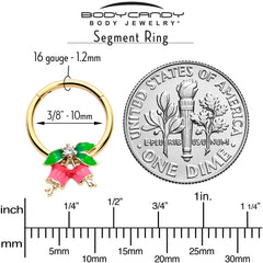 16G 3/8 Clear CZ Gem Gold Tone Bell Flowers Hinged Segment Ring