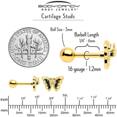 16G 1/4 Vitrail Gem Gold Tone Classic Butterfly Cartilage Earring