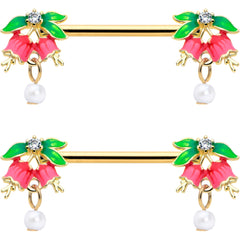 14G 9/16 Clear CZ Gem Gold Hue Bell Flower Barbell Nipple Ring Set