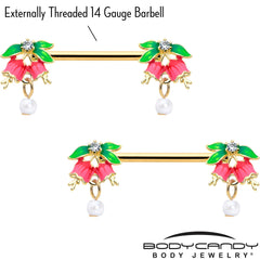 14G 9/16 Clear CZ Gem Gold Hue Bell Flower Barbell Nipple Ring Set