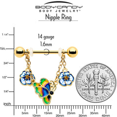 14G 9/16 Yellow Gem Gold Tone Butterfly Colors Dangle Nipple Ring Set