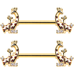14G 9/16 Clear CZ Gem Gold Tone Mom Baby Giraffes Nipple Ring Set