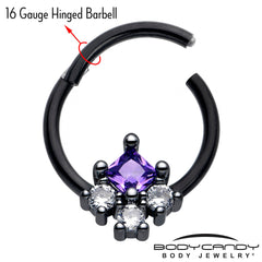 16G 3/8 Purple CZ Gem Black Rhombus Riot Hinged Segment Ring