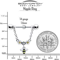 14G 9/16 Yellow CZ Gem Flower Bee Chain Dangle Nipple Ring Set
