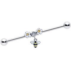14G Yellow CZ Gem Flower Bee Dangle Industrial Barbell 38mm