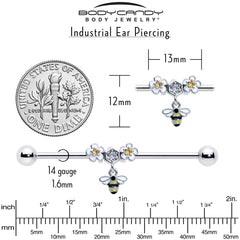 14G Yellow CZ Gem Flower Bee Dangle Industrial Barbell 38mm