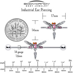 14G Pink Orange Gem Swank Dragonfly Dangle Industrial Barbell 38mm