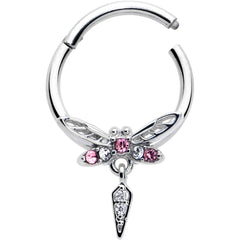 16G 3/8 Pink Gem Swank Dragonfly Dangle Hinged Segment Ring