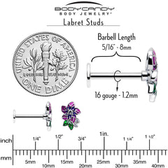 16G 5/16 Clear CZ Gem Flower Purple Flatback Stud
