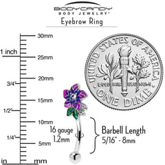 16G 5/16 Clear CZ Gem Flower Purple Curved Eyebrow Ring