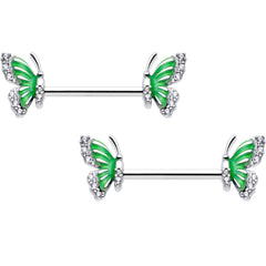 14G 9/16 Clear CZ Gem Butterfly Green Barbell Nipple Ring Set