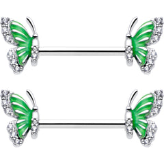 14G 9/16 Clear CZ Gem Butterfly Green Barbell Nipple Ring Set