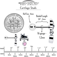 16G 1/4 Pink CZ Gem Sleepy French Bulldog Dangle Cartilage Earring