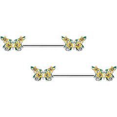 14G 9/16 Yellow CZ Gem Blooming Butterfly Barbell Nipple Ring Set