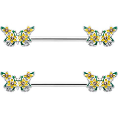 14G 9/16 Yellow CZ Gem Blooming Butterfly Barbell Nipple Ring Set