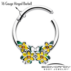 16G 3/8 Yellow CZ Gem Blooming Butterfly Hinged Segment Ring