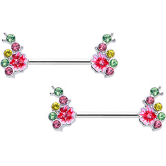 14G 9/16 Green Pink Gem Caterpillar Flower Barbell Nipple Ring Set