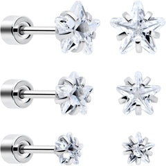 Clear Star CZ Flat Back Stud Earrings - 3 Pairs